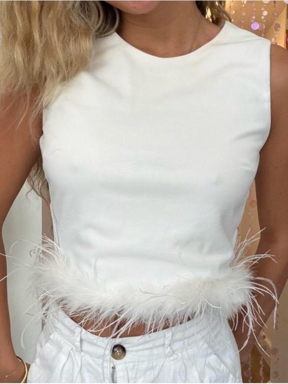 Feather-Trim White Cropped Tank Top